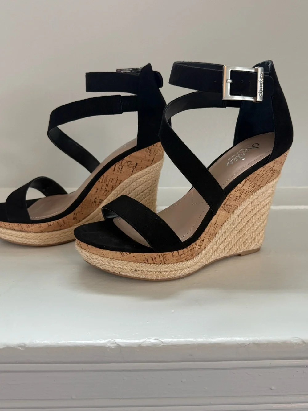 Charles David Black Suede Cork Espadrille Wedge Sandals